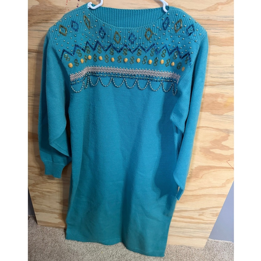 Vintage Darian Sweater Dress Women's Large Beaded Embellished Teal